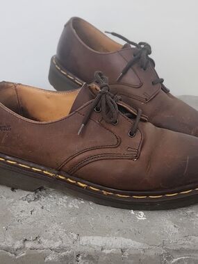 Dr. Martens Brown Leather 3-Eye Lace-Up Derby with Yellow Stitching